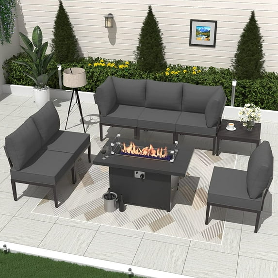 Kullavik Aluminum Patio Furniture Set,8 Pieces Modern Outdoor Conversation Set w/43in Gas Fire Pit Table, Outdoor Metal Sectional Sofa with 55000 BTU Propane Fire Pit,Grey