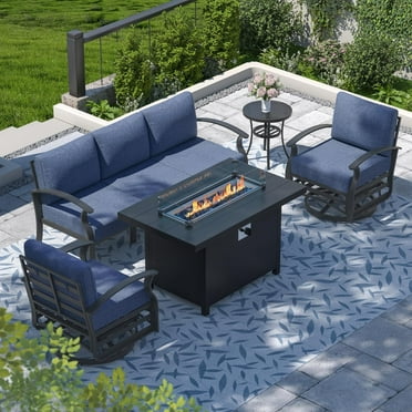 Kullavik Aluminum Patio Furniture Set with Fire Pit Table, 5 Seats Outdoor Patio Conversation Set with Swivel Chair Modern Metal Patio Sectional Sofa with Upgrade Cushions,Navy