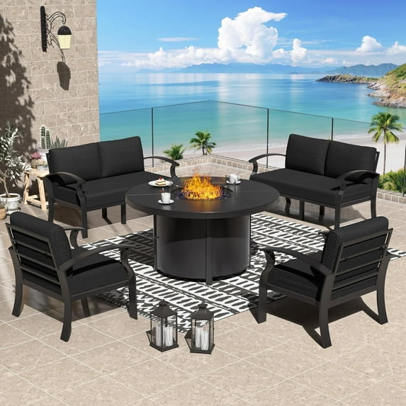 Kullavik Aluminum Patio Furniture Set with Round Propane Fire Pit Table 6-seat Metal Outdoor Furniture w/40,000 BTU Fire Pit Patio Sectional Sofas for Patio,Lawn, Poolside,Black