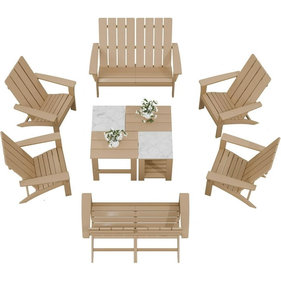 Kullavik Dual-Mode Adirondack Chairs Set of 8 with 4 Tables,HDPE All-Weather Patio Chairs,Fire Pit Lounge Chairs Weather Resistant Furniture for Garden,Yard,Teak