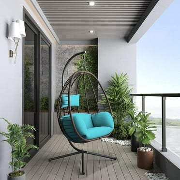 Kullavik Egg Chair with Stand Hammock Chair Wicker Rattan Patio Hanging Egg Chair, Indoor Outdoor Swing Egg Chair with Cushion Headrest for Patio Bedroom Porch Garden Balcony,Teal