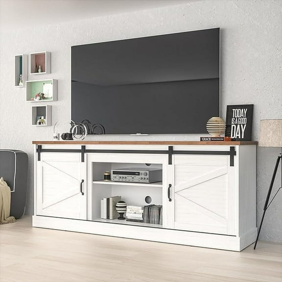 Kullavik Farmhouse TV Stand up to 65 Inches TV, Sliding Barn Door Entertainment Center, TV Cabinet Storage Shelves, Media Furniture for Living Room, White