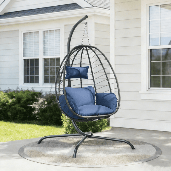 Kullavik Hanging Swing Egg Chair with Bracket Swing Hammock Chair Indoor/Outdoor Hanging Swing Chair with Cushioned Headrest Load Capacity 350LBS for Patio Bedroom Porch Garden - Navy