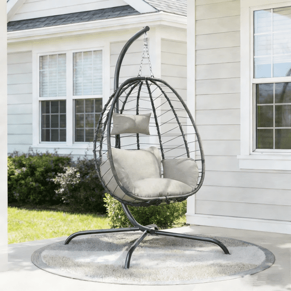 Kullavik Hanging Swing Egg Chair with Bracket Swing Hammock Chair Indoor/Outdoor Hanging Swing Chair with Cushioned Headrest Load Capacity 350LBS for Patio Bedroom Porch Garden - Cream
