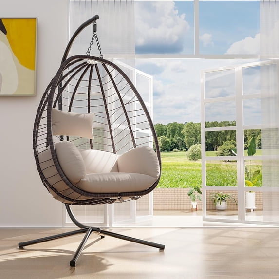Kullavik Hanging Swing Egg Chair with Bracket Swing Hammock Chair Indoor/Outdoor Hanging Swing Chair with Cushioned Headrest Load Capacity 350LBS for Patio Bedroom Porch Garden - Khaki