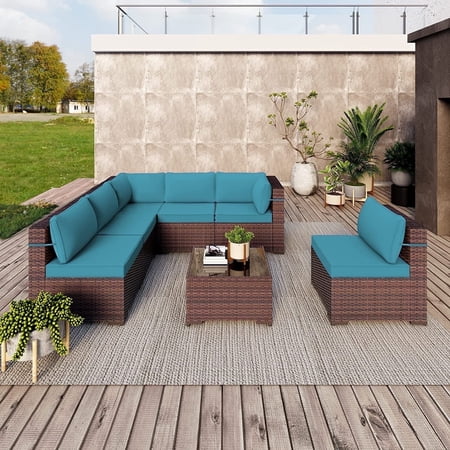 Kullavik Outdoor Patio Furniture Set 7 Pieces Sectional Rattan Wicker Furniture Sofa Set Patio Conversation Set with Tempered Glass Table and Seat Cushion,Blue