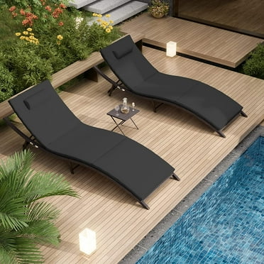 Kullavik Patio Chaise Lounge Set 3 Pieces Outdoor Lounge Chair Outdoor Wicker Lounge Chairs with Table Folding Chaise Lounger for Poolside Backyard Porch,Black