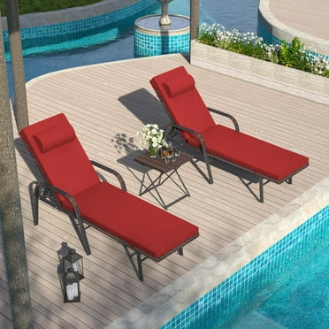 Kullavik Patio Chaise Lounge Set 3 Pieces Outdoor Lounge Chair, Rattan Reclining Chair Adjustable Backrest, Pool Sunbathing Recliners with Folding Table for Poolside Beach, Red