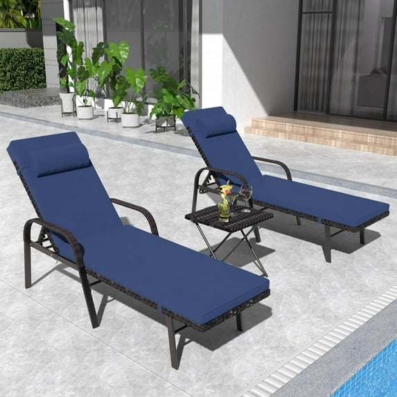 Kullavik Patio Chaise Lounge Sets Outdoor Armchair Recliner Rattan Adjustable Back 3 Pieces Cushioned Patio Folding Chaise Lounge with Folding Table - Navy