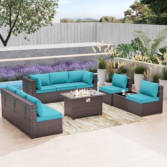 Kullavik Patio Furniture Sectional Sofa Set 10-Pieces PE Rattan Patio Conversation Set w/43in Gas Fire Pit Table, Outdoor Furniture with 55000 BTU Propane Fire Pit, Blue