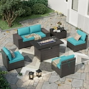 Kullavik 7 Pieces Patio Furniture Set PE Rattan Wicker Outdoor Furniture Sectional Sofa Patio Conversation Set with Coffee Table and Seat Cushion,Blue
