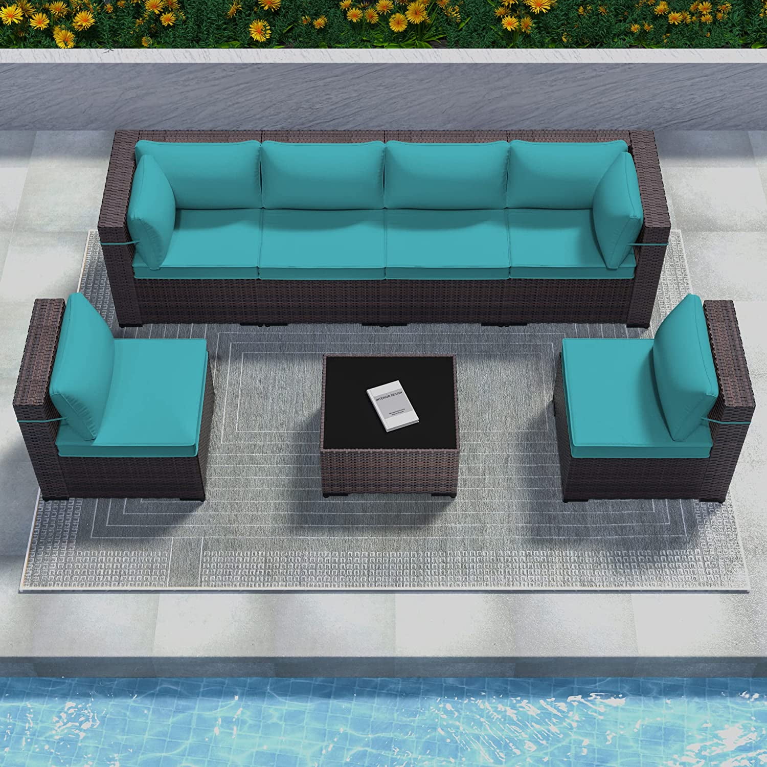 Kullavik Patio Furniture Set 7 Pieces Sectional Sofa PE Rattan Wicker Outdoor Furniture Set Patio Conversation Set with Tempered Glass Table and Cushion,Blue
