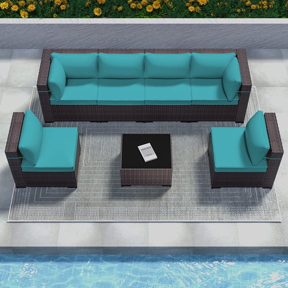 Kullavik Patio Furniture Set 7 Pieces Sectional Sofa PE Rattan Wicker Outdoor Furniture Set Patio Conversation Set with Tempered Glass Table and Cushion,Blue
