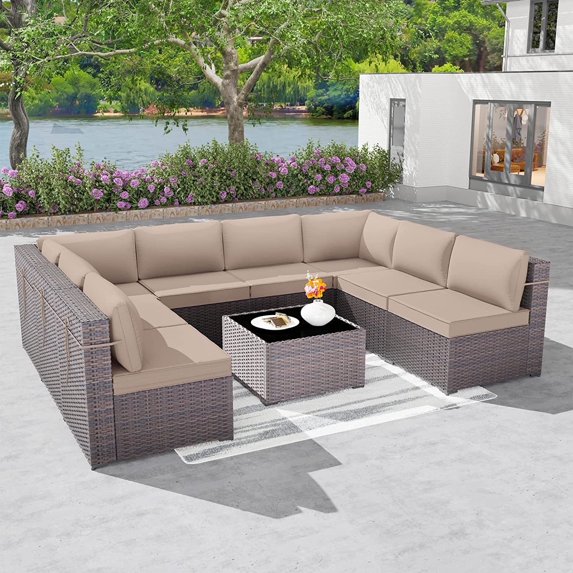 Kullavik Patio Furniture Set 9-Pieces Outdoor Furniture for Backyard Wicker Sectional Sofa Set, Rattan Patio Conversation Set with Thickened Cushions and Glass Coffee Table, Sand