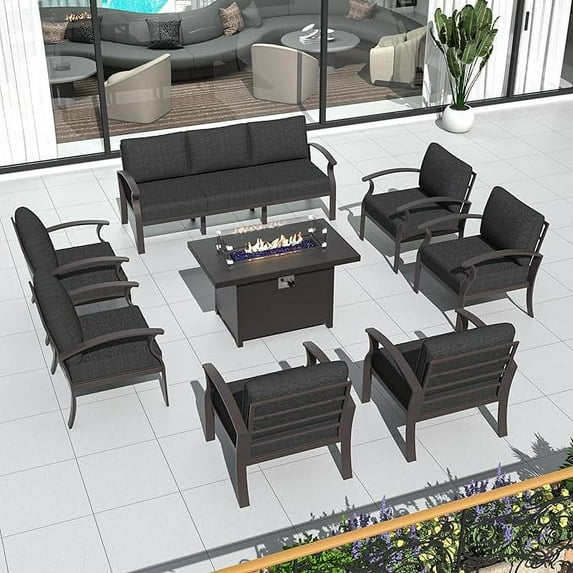 Kullavik Patio Furniture Set 9 Seats Aluminum Sofa with armrest Modern Outdoor Conversation Set w/43in Gas Fire Pit Table, Outdoor Furniture Chairs with 55000 BTU Propane Fire Pit, Black