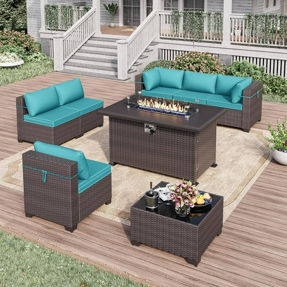 Kullavik Patio Furniture Set with Fire Pit Table 8 PCS Outdoor Sectional Furniture Outdoor Rattan Patio Conversation Sets with 43in 55,000 BTU Propane Gas Fire Pit Table Glass Table, Blue