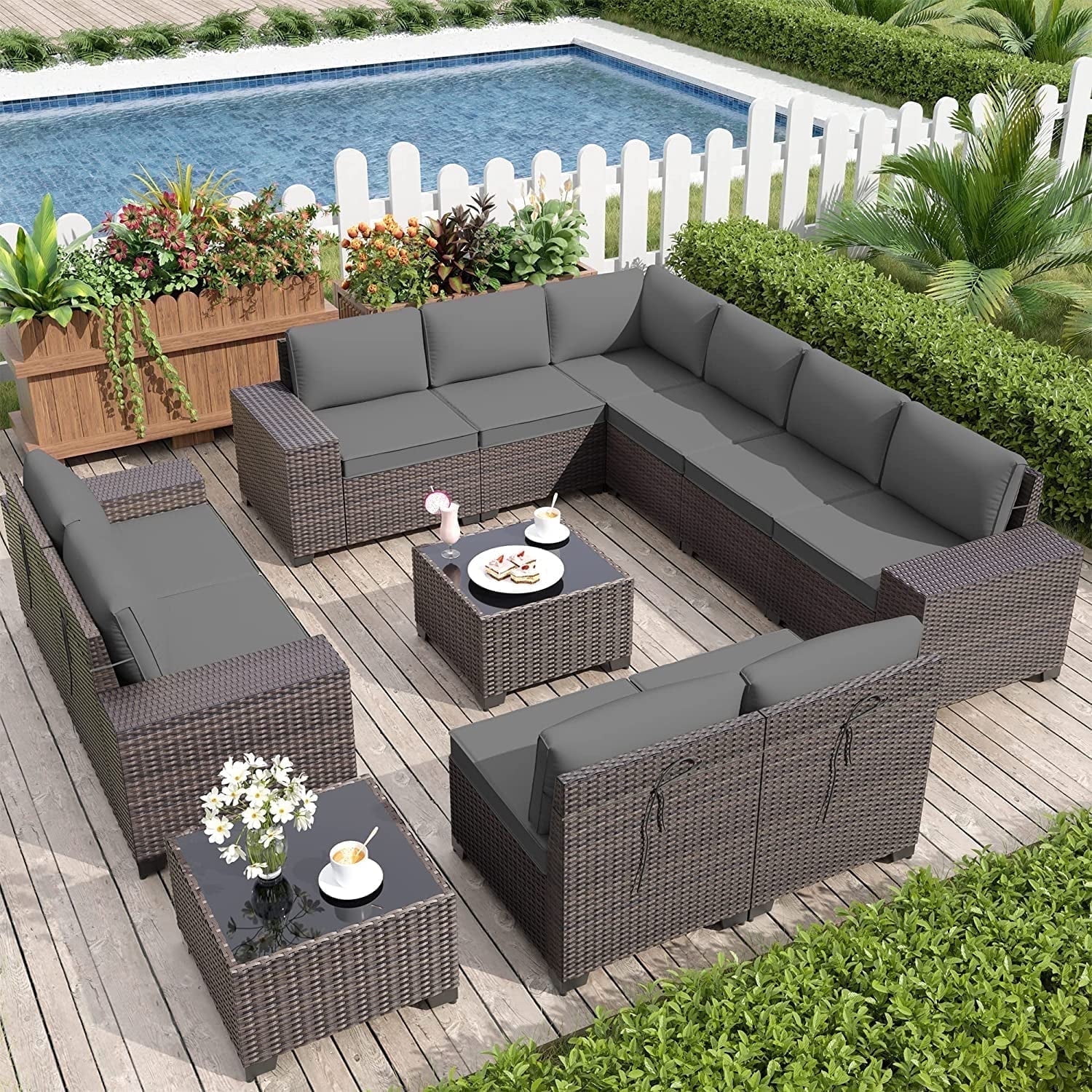 Kullavik 12 Piece Synthetic Rattan Wicker Patio Sofa Set with Corner Sofa Cushions and Coffee Table Grey Walmart