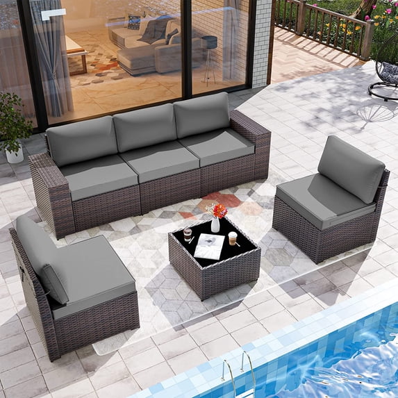 Kullavik Patio Furniture Set Sofa 6-Piece Wicker Sectional Sofa Set, Outdoor Furniture Rattan Patio Conversation Set with Thickened Cushions and Glass Coffee Table,Gray