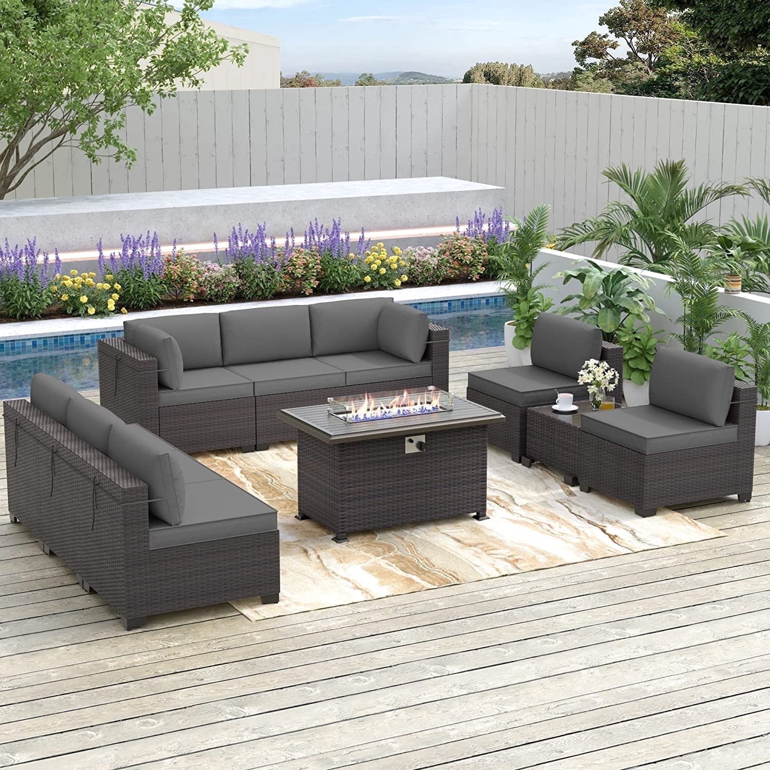 Kullavik 10-Piece Patio Set with PE Rattan Sofa, 43'' Gas Fire Pit ...