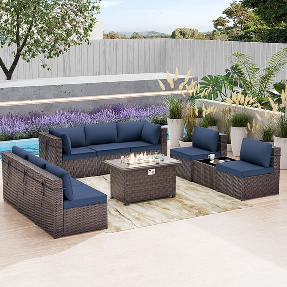 Kullavik Patio Furniture set Sectional Sofa 10 Pieces PE Rattan Wicker Patio Conversation Set w/43" Gas Fire Pit Table, Outdoor Furniture with 55000 BTU Propane Fire Pit,Navy Blue