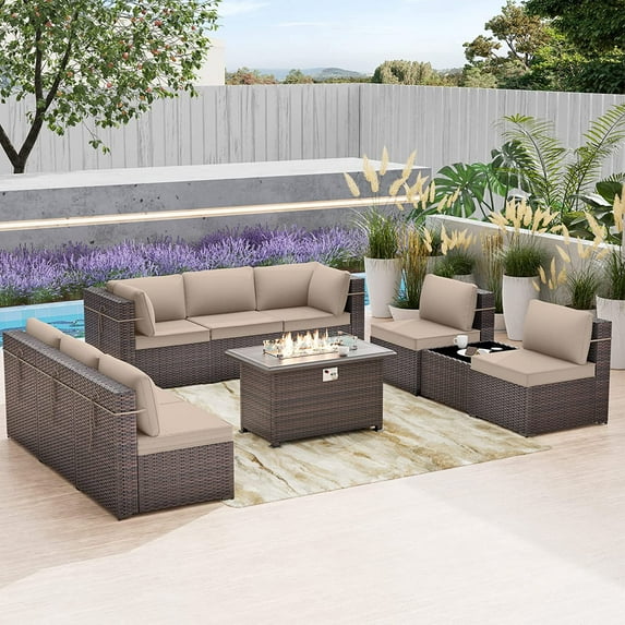 Kullavik Patio Furniture set Sectional Sofa 10 Pieces PE Rattan Wicker Patio Conversation Set w/43" Gas Fire Pit Table, Outdoor Furniture with 55000 BTU Propane Fire Pit,Sand