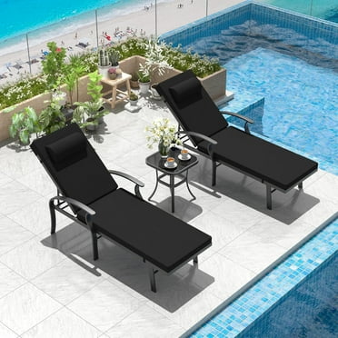 Kullavik Patio Lounge Chair Sets,All-Aluminum Outdoor Armchair Foldable Adjustable Backrest Chaise Lounge With Folding Table,Black