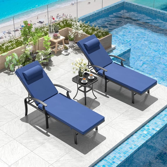 Kullavik Patio Lounge Chair Sets,All-Aluminum Outdoor Armchair Foldable Adjustable Backrest Chaise Lounge With Folding Table,Navy