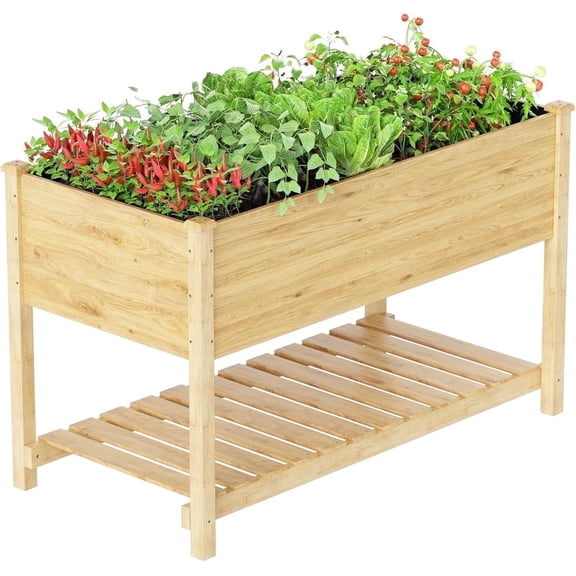 Kullavik Elevated Cedar Wood Raised Garden Bed with Storage Shelf - Outdoor Planter Box for Balcony, Backyard, Patio