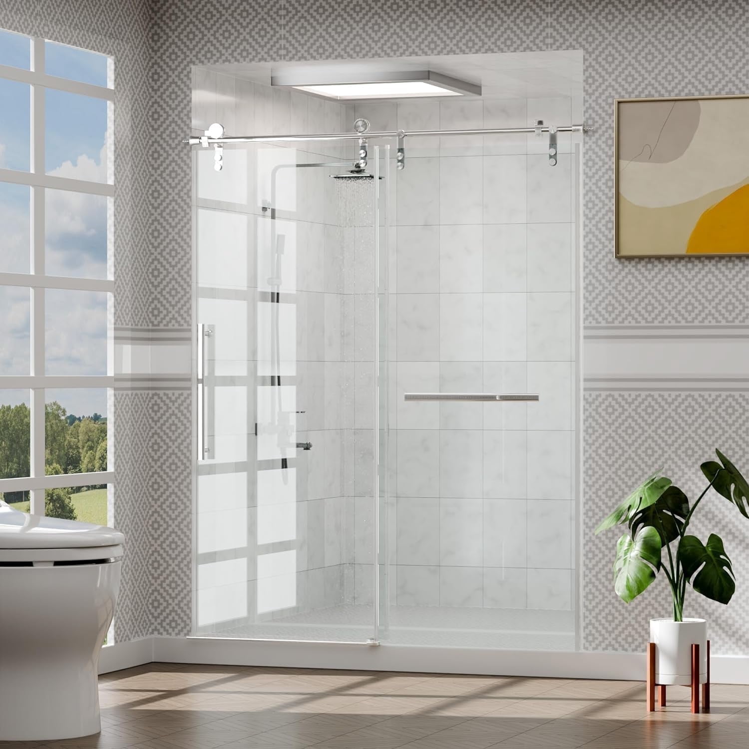 Kullavik Shower Door 56-60" W × 76" H Frameless Glass Shower Door,Frameless Shower Door with Sliding Glass,Silver