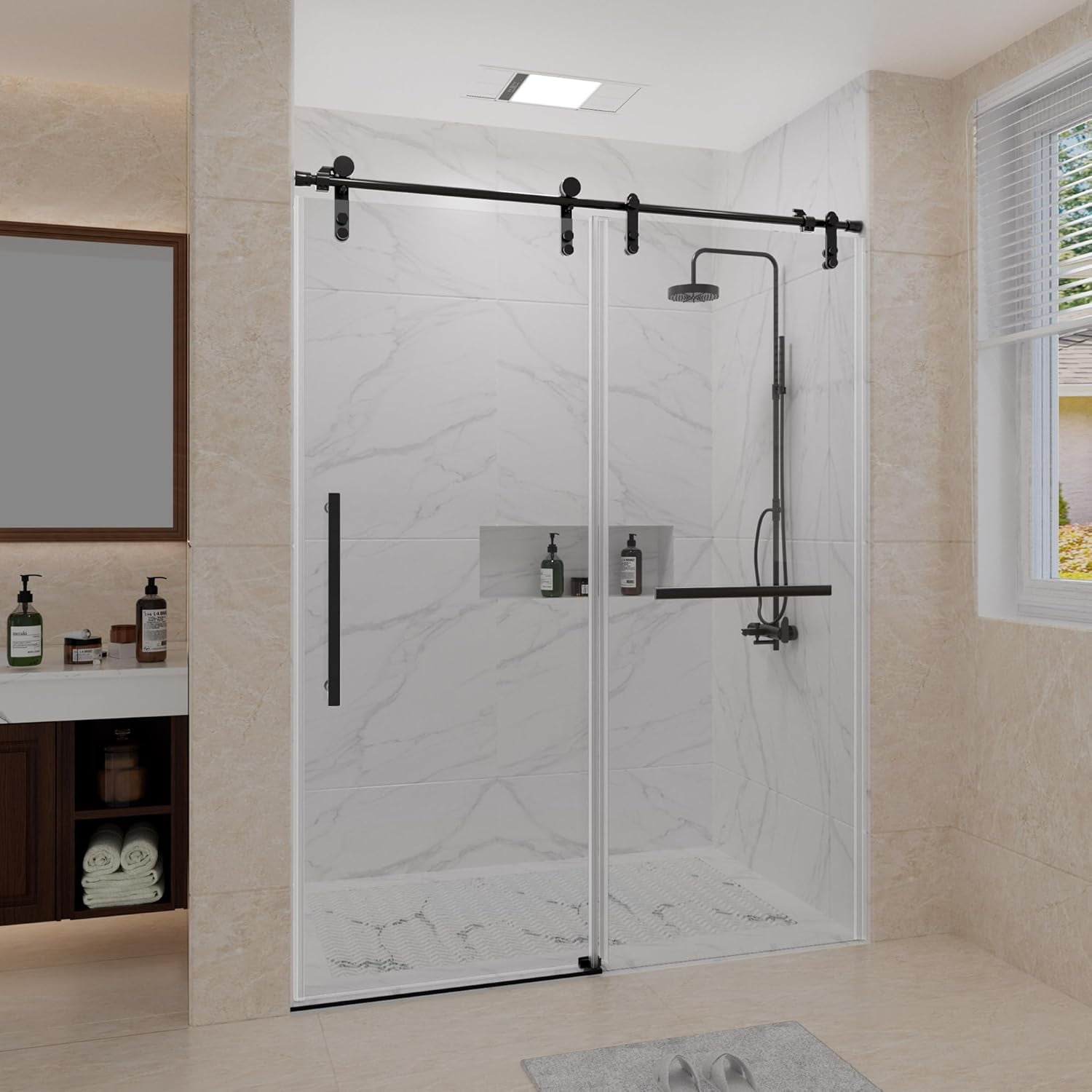 Black Frameless Sliding Shower Door with Clear Tempered Glass