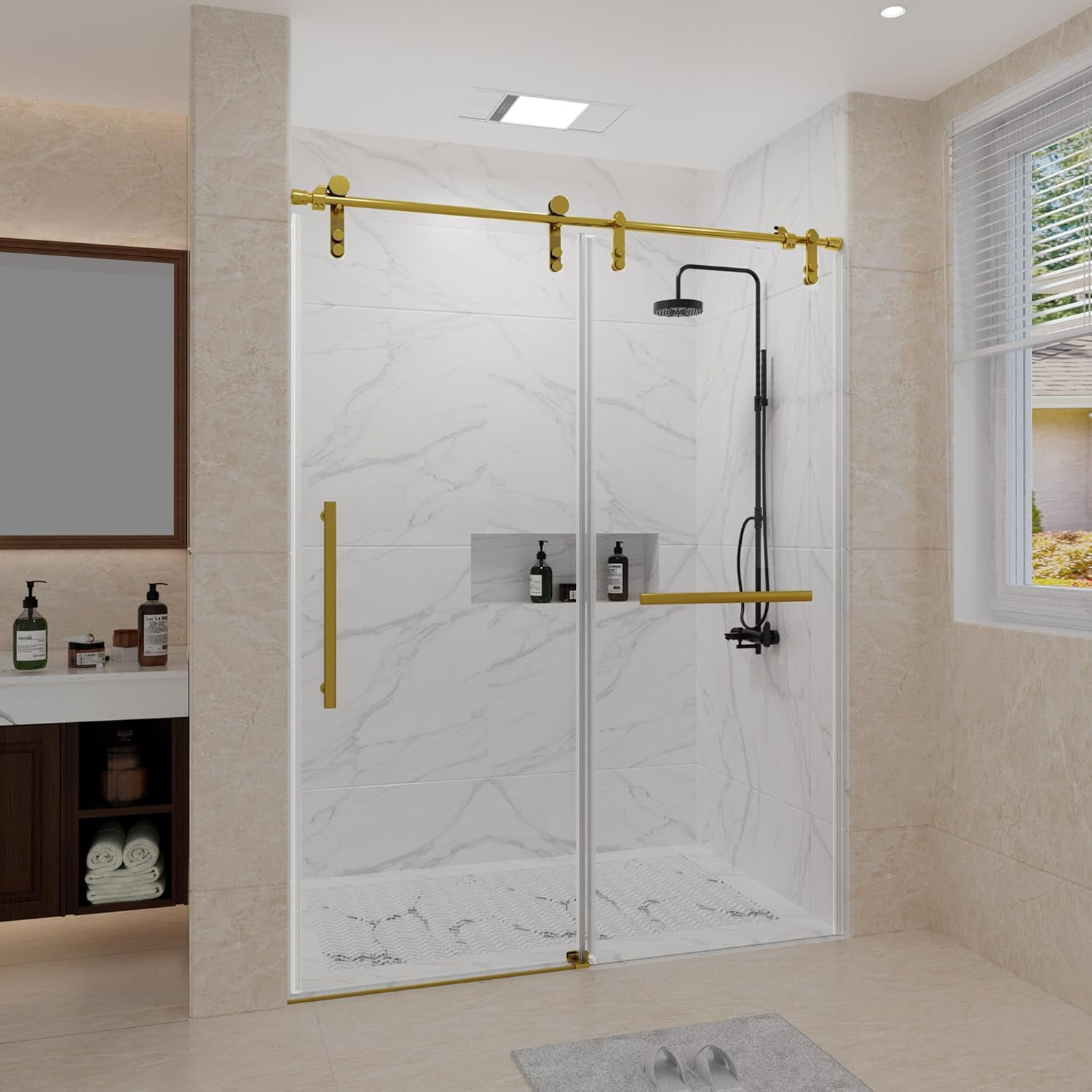 Golden Frameless Sliding Glass Shower Door with Stainless Steel Hardware