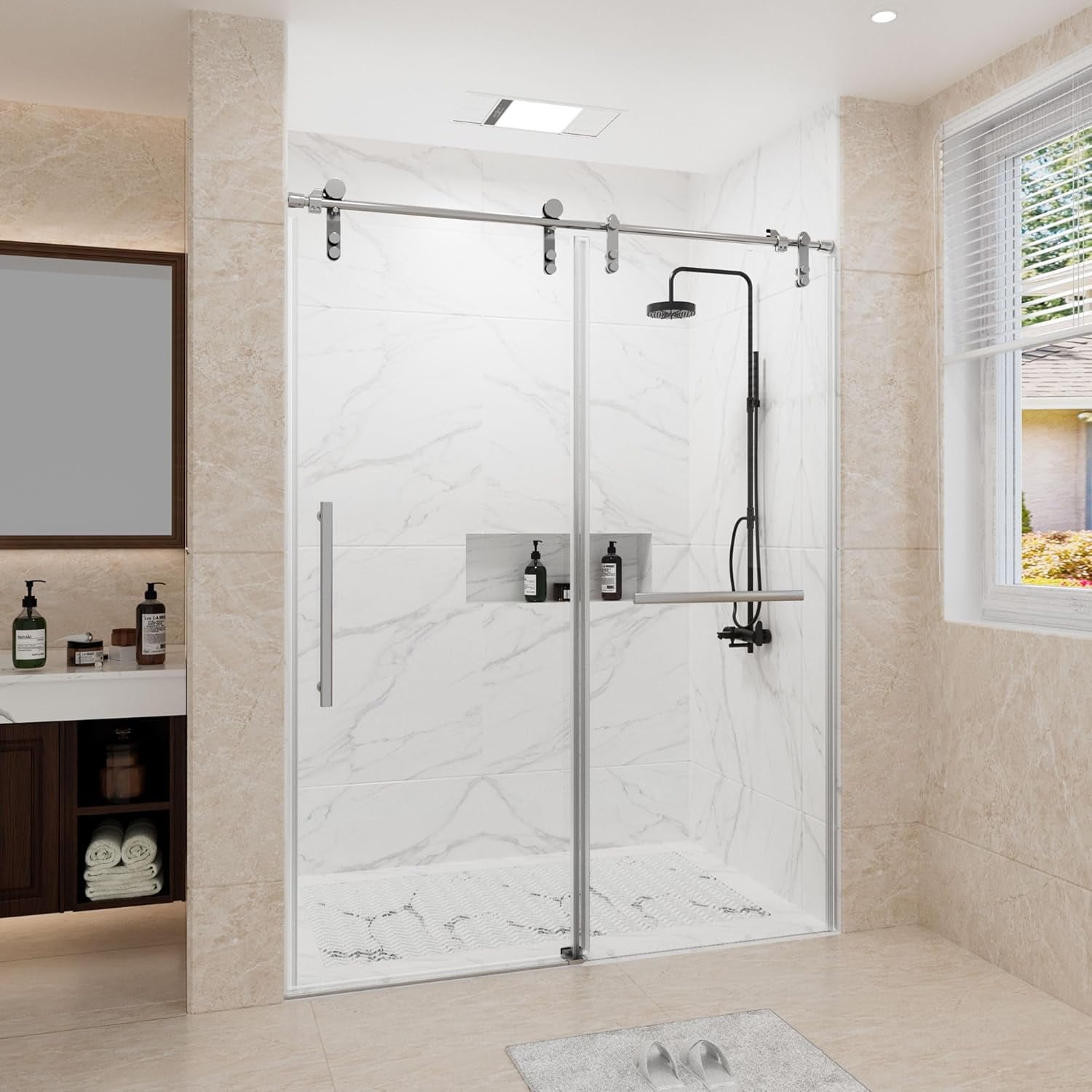 Kullavik Shower Door 56-60" W x 76" H Frameless Shower Door,Sliding Shower Door with 5/16"(8mm) Clear Tempered Glass,Glass Shower Door w/Seal Strip Parts and Handle,Stainless Steel Hardware,Silvery