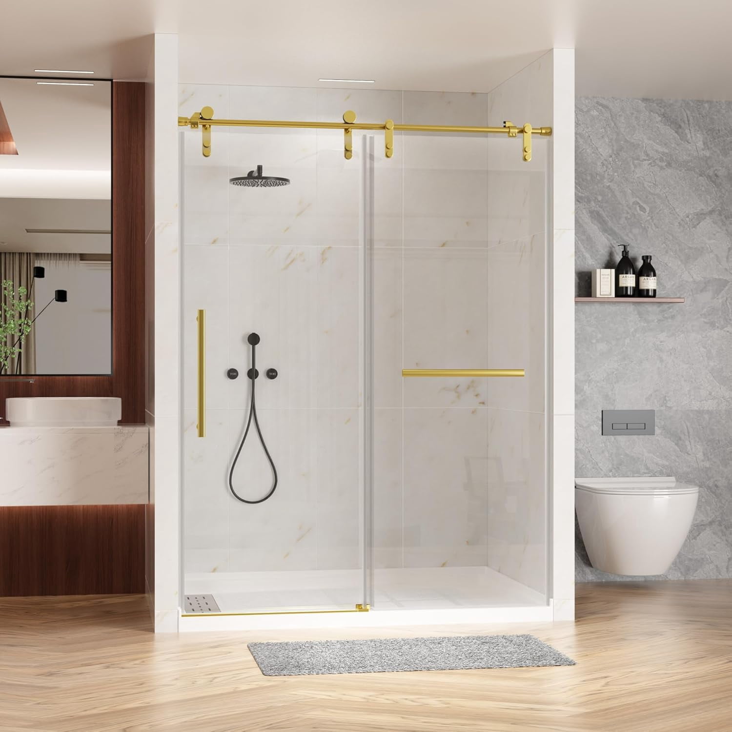 Kullavik Shower Door 56-60" W x 76" H Frameless Shower Door,Sliding Shower Door with 5/16"(8mm) Clear Tempered Glass,Glass Shower Door w/Seal Strip Parts and Handle,Stainless Steel Hardware,Gold