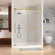 Kullavik Shower Door 56-60" W x 76" H Frameless Shower Door,Sliding Shower Door with 5/16"8mm Clear Tempered Glass,Glass Shower Door w/Seal Strip Parts and Handle,Stainless Steel Hardware,Gold