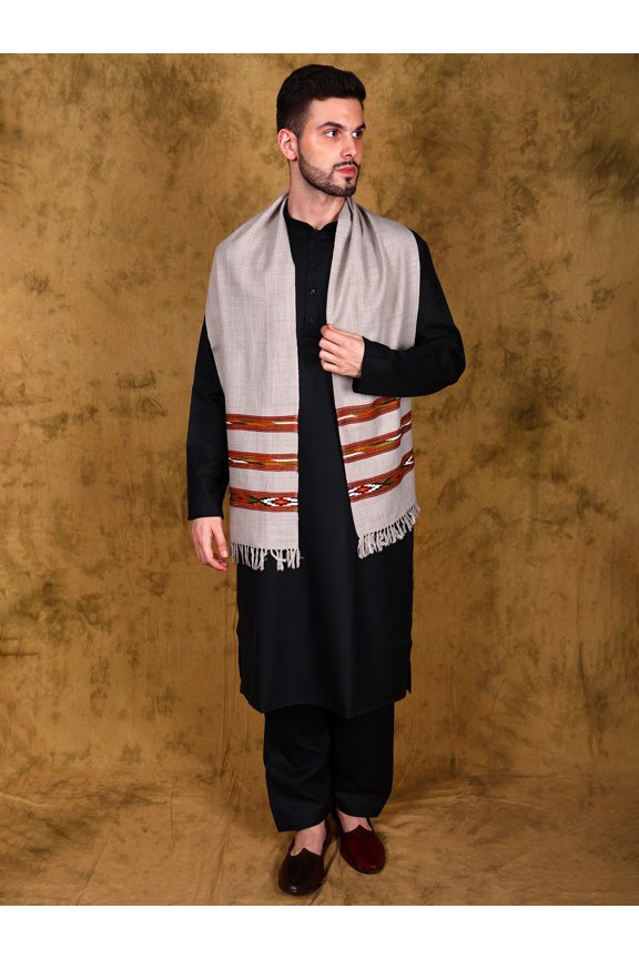 Kullu Scarf with Kinnauri Woven Triple Border (Unisex) – Gray Morn