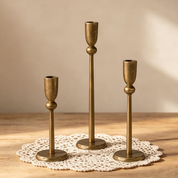 Kulpaw Brass Candlestick Holders, Set of 3 Antique Gold Iron Candle Holders for Christmas, Wedding, Dining Table and Mantel Decor