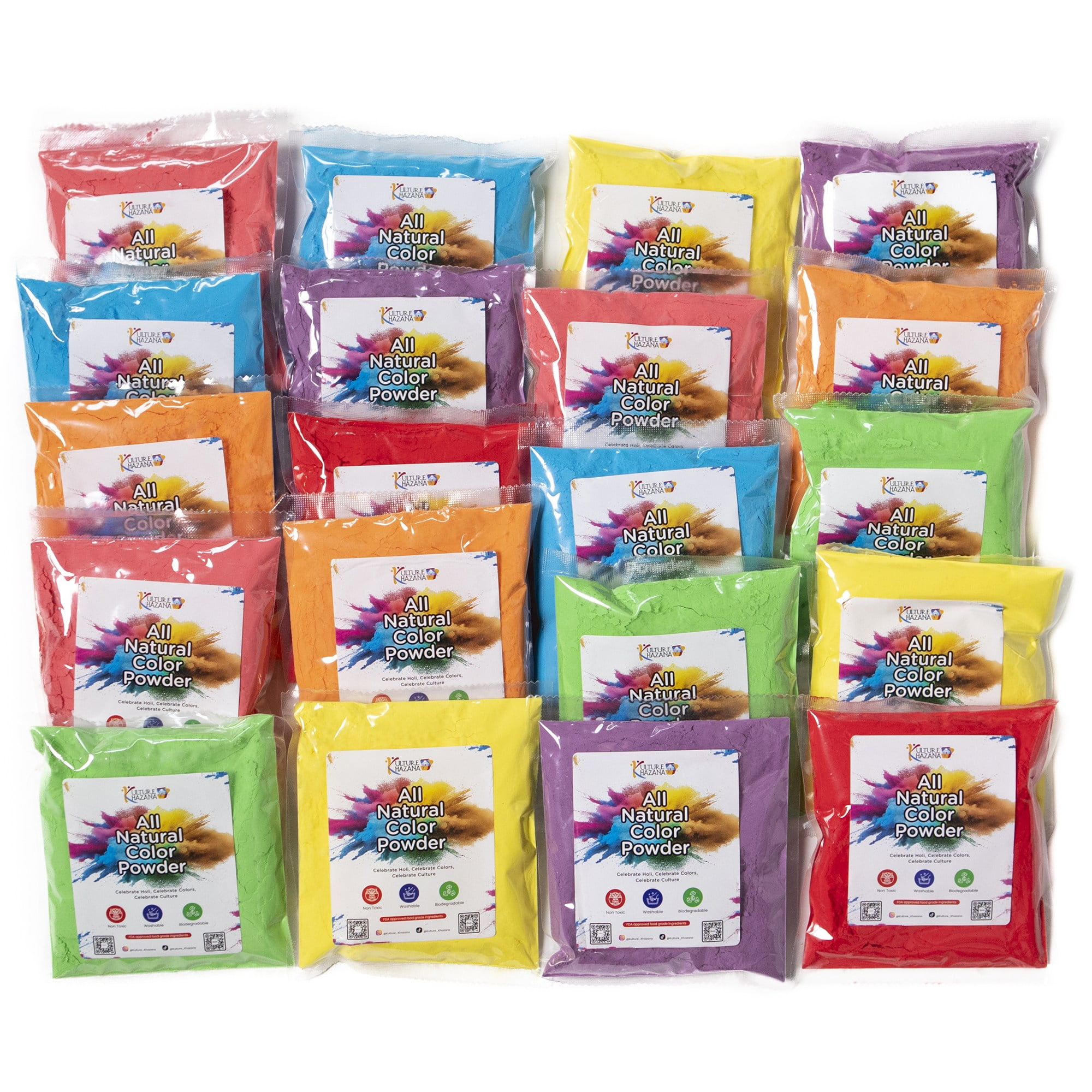 Kulture Khazana All Natural, Washable, Biodegradable, Holi Non-Toxic Color Powder 100gm Pack of 20, Perfect for Color Play