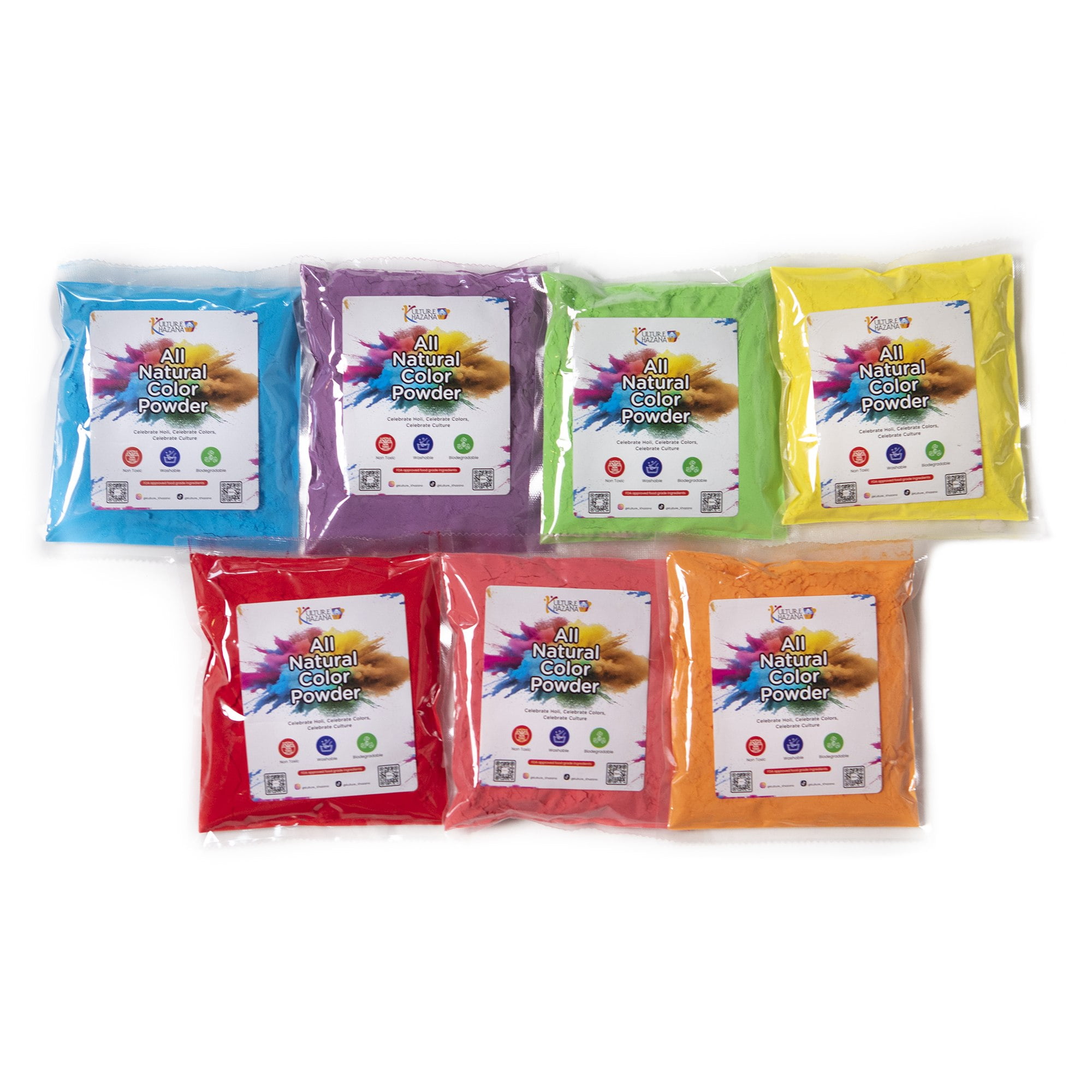 Kulture Khazana: Holi Color Powder - 100gm Bags, 7 Pk - All Natural, Washable, Earth Conscious, Non-Toxic, Festival of Colors, Fun Run, Parties, Outdoor