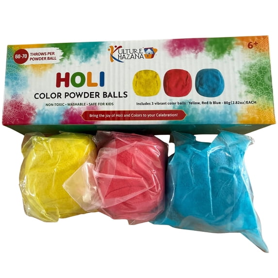 Kulture Khazana: Holi Color Powder Balls - 3 Pack - Red-Blue-Yellow, Soft Toss Balls, Non-Toxic, Washable, Biodegradable, Color Fun Runs, Outdoor Play