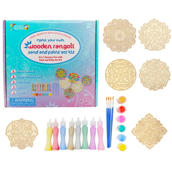 Kulture Khazana: Make Your Own Wooden Rangoli - 2-In-1 Sand & Paint Art Kit - Creative Diwali Activity, Mess-Free Drop Cloths, Kids DIY Sensory Craft