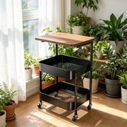 Kumamart 3 Tier Mesh Rolling Cart Foldable Utility Cart with Detachable Wood Top Black 29.13 Inch 1 Pack