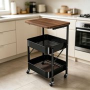 Kumamart Foldable Rolling Storage Cart 3 Tier with Wood Top Black Metal Frame 29.13 Inch Height 1 Pack
