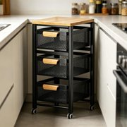Kumamart Mobile Wheeled Kitchen Cart Wood Top Metal Mesh Drawer Storage Unit 1Pack