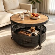 Kumamart Round Coffee Table double layer storage rolling casters wood top black metal frame 23.62i x17.72in walnut black 1 pack