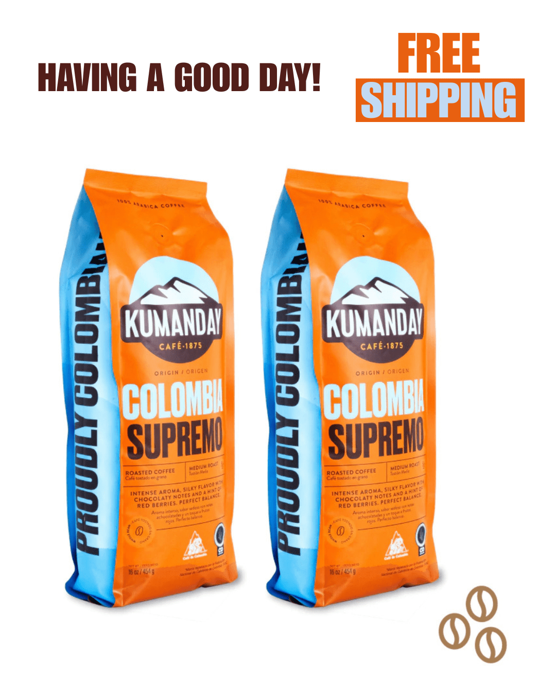 Kumanday Coffee Supremo, Pack x2 Units 16 oz, Medium Roast, Whole Bean,  100% Colombian Arabica Coffee