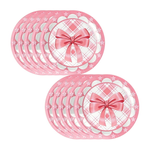 Kumdkd 10 Pack Bow Pattern Disposable Paper Plates, 7in Decorative Dinner Plates for Baby Shower, Bridal Party, Birthday, Pink Blue Black - Bow Themed Party Supplies