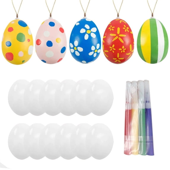 Kumdkd 12 Pack Unfinished Plastic Easter Eggs for Painting, 2.36in DIY Graffiti Egg Decorating Kit with Brushes & Ink, Kids Craft Toys for Easter Party Decor