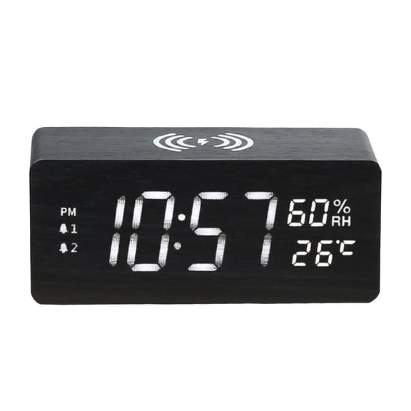 Kumdkd 15W Fast Wireless Charging Clock, Wooden Digital Clock with Temperature Humidity Display, LED Night Light, Smart Alarm, Auto-Dim, Qi Charger for Bedroom Desk - USB Powered