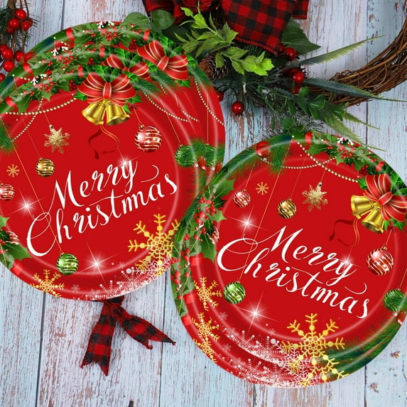 Kumdkd 20-Pack Christmas Disposable Paper Tableware Set - Red & Multicolor Party Plates with Festive Tree & Bells Design (Heat-Resistant, for Mulled Wine & Holiday Gatherings)