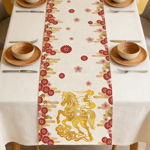 Kumdkd 2026 Year of the Horse Table Runner 13x72in, Linen Fabric with Galloping Horse Print, Festive Dining Table Decoration for Chinese New Year, Parties, & Holiday Decor